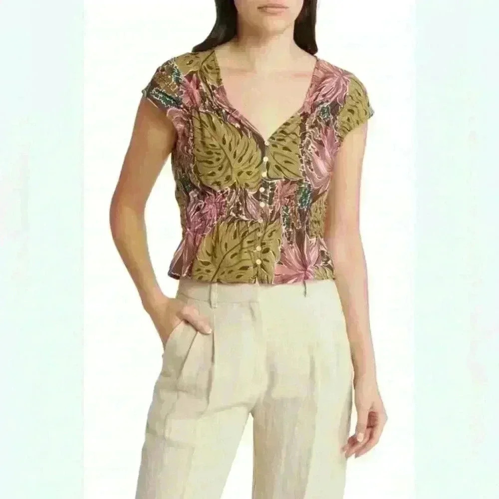Madewell Shirred Cap-Sleeve Top in
Brushstroke Monstera Size Small